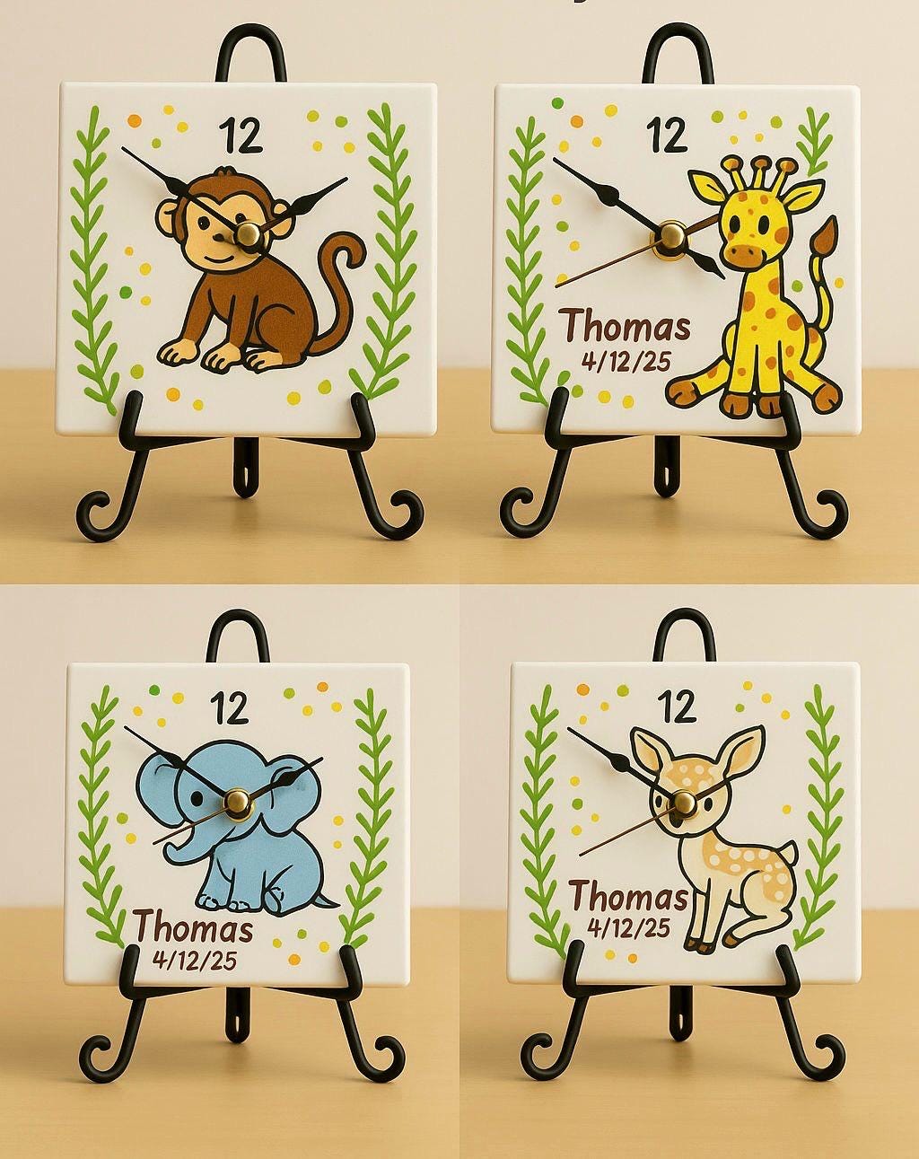 10/30/60 Mini Giraffe Wall Clocks – Personalized 4” Hand- Painted Ceramic Animal Clock – Perfect for Kids’ Parties Favor