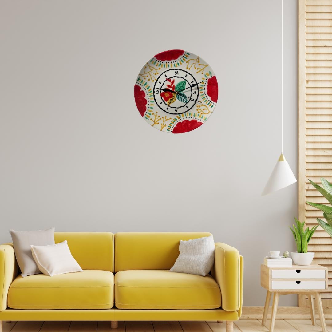Bella Vita Red Floral Clock, 11 Inch Ceramic Plate Clock, Silent Kitchen Clock, Unique Wall Clock, Kitchen and Living Room Decor