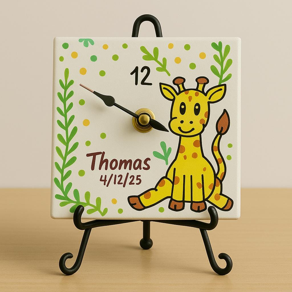 10/30/60 Mini Giraffe Wall Clocks – Personalized 4” Hand- Painted Ceramic Animal Clock – Perfect for Kids’ Parties Favor